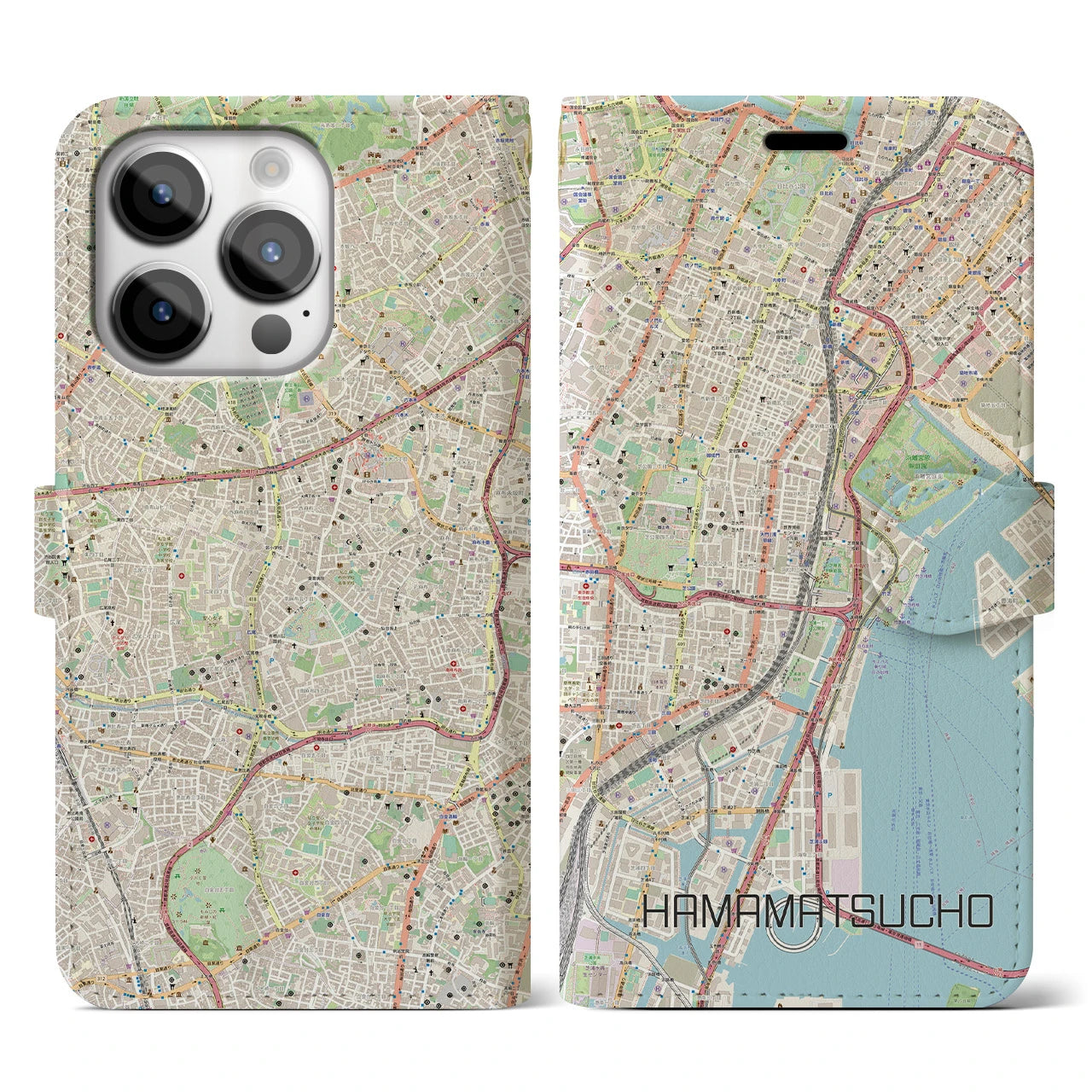 【浜松町】地図柄iPhoneケース（手帳両面タイプ・ナチュラル）iPhone 14 Pro 用
