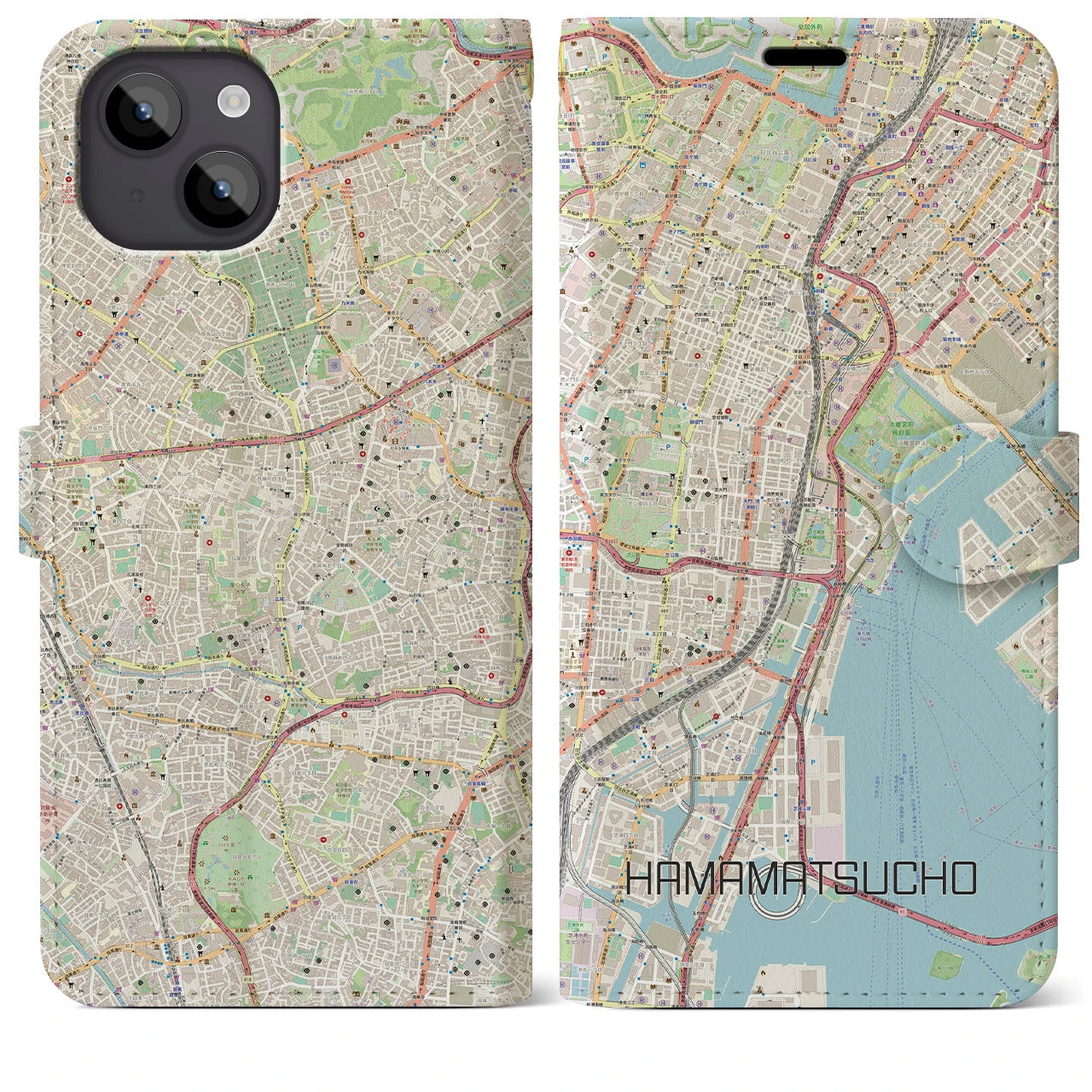 【浜松町】地図柄iPhoneケース（手帳両面タイプ・ナチュラル）iPhone 14 Plus 用