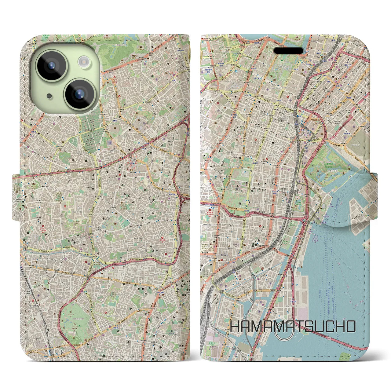 【浜松町】地図柄iPhoneケース（手帳両面タイプ・ナチュラル）iPhone 15 用