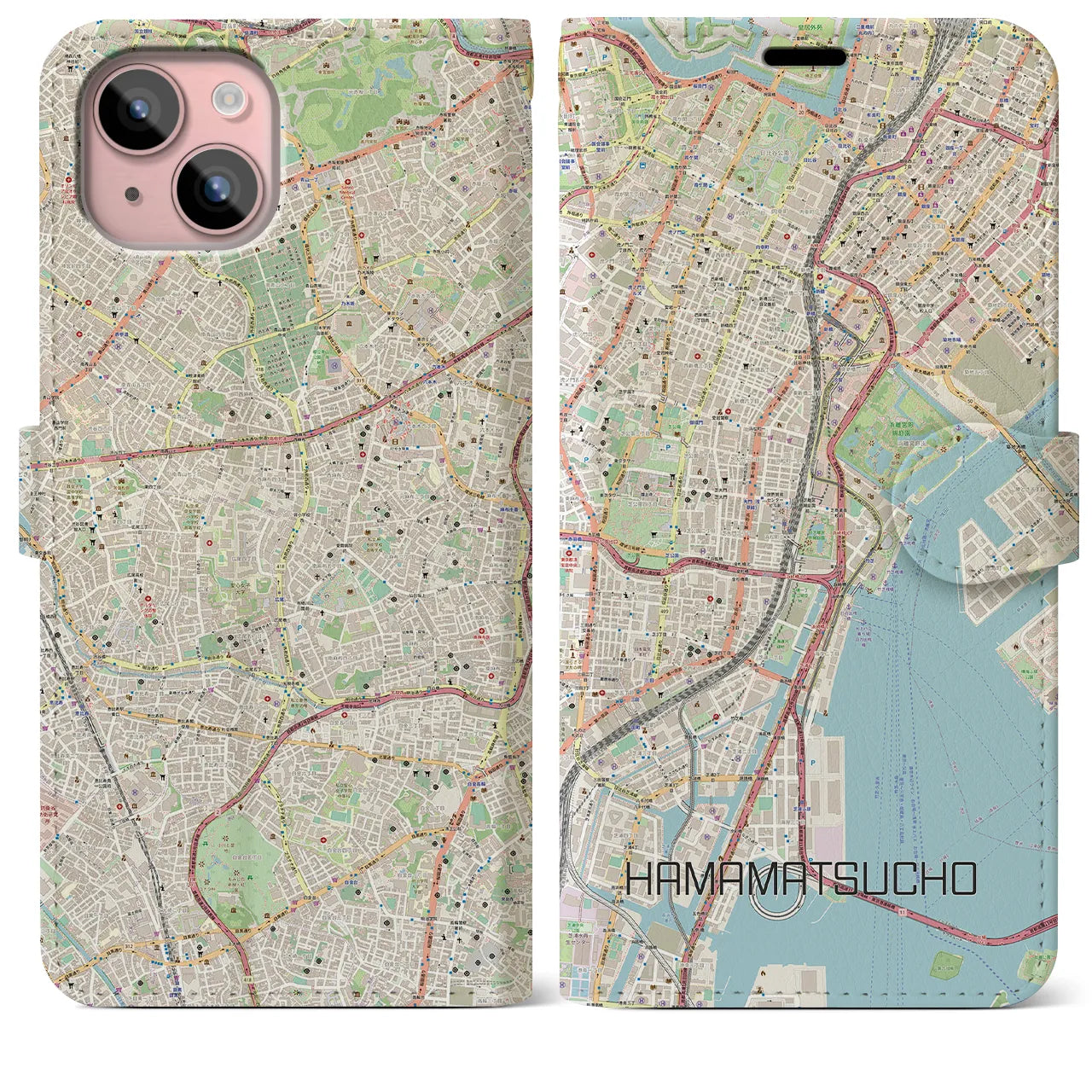 【浜松町】地図柄iPhoneケース（手帳両面タイプ・ナチュラル）iPhone 15 Plus 用