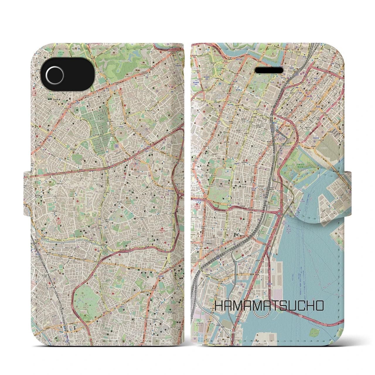 【浜松町】地図柄iPhoneケース（手帳両面タイプ・ナチュラル）iPhone SE（第3 / 第2世代） / 8 / 7 / 6s / 6 用