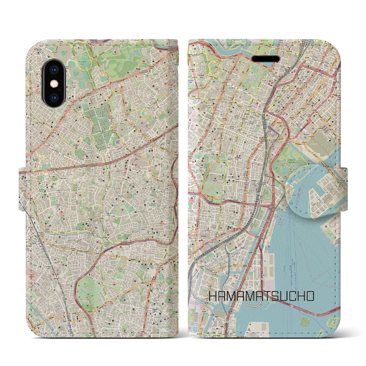 【浜松町】地図柄iPhoneケース（手帳両面タイプ・ナチュラル）iPhone XS / X 用