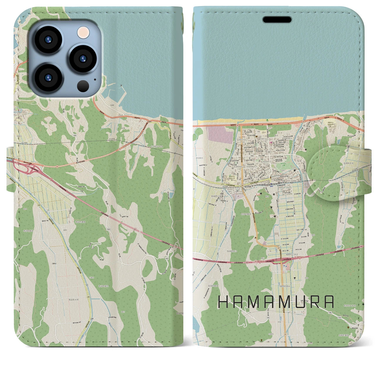 【浜村】地図柄iPhoneケース（手帳両面タイプ・ナチュラル）iPhone 13 Pro Max 用