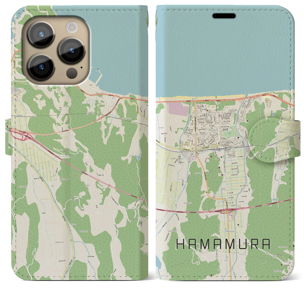 【浜村】地図柄iPhoneケース（手帳両面タイプ・ナチュラル）iPhone 14 Pro Max 用