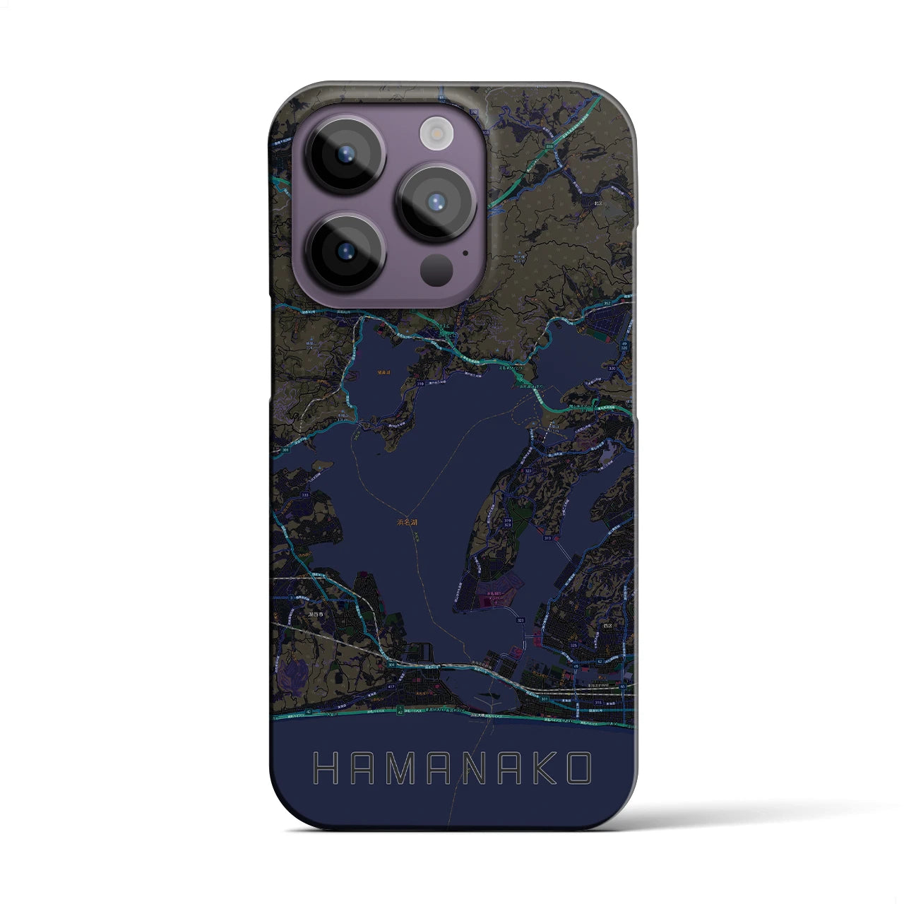 【浜名湖】地図柄iPhoneケース（バックカバータイプ・ブラック）iPhone 14 Pro 用