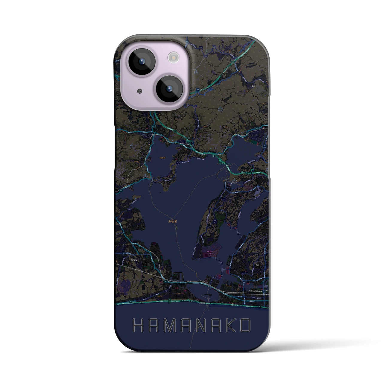 【浜名湖】地図柄iPhoneケース（バックカバータイプ・ブラック）iPhone 14 用