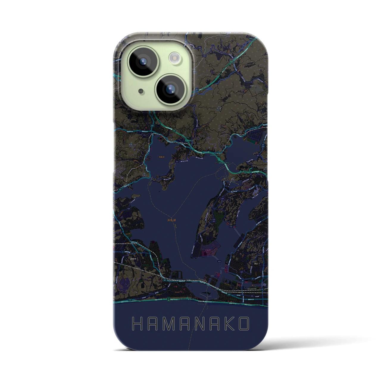 【浜名湖】地図柄iPhoneケース（バックカバータイプ・ブラック）iPhone 15 用
