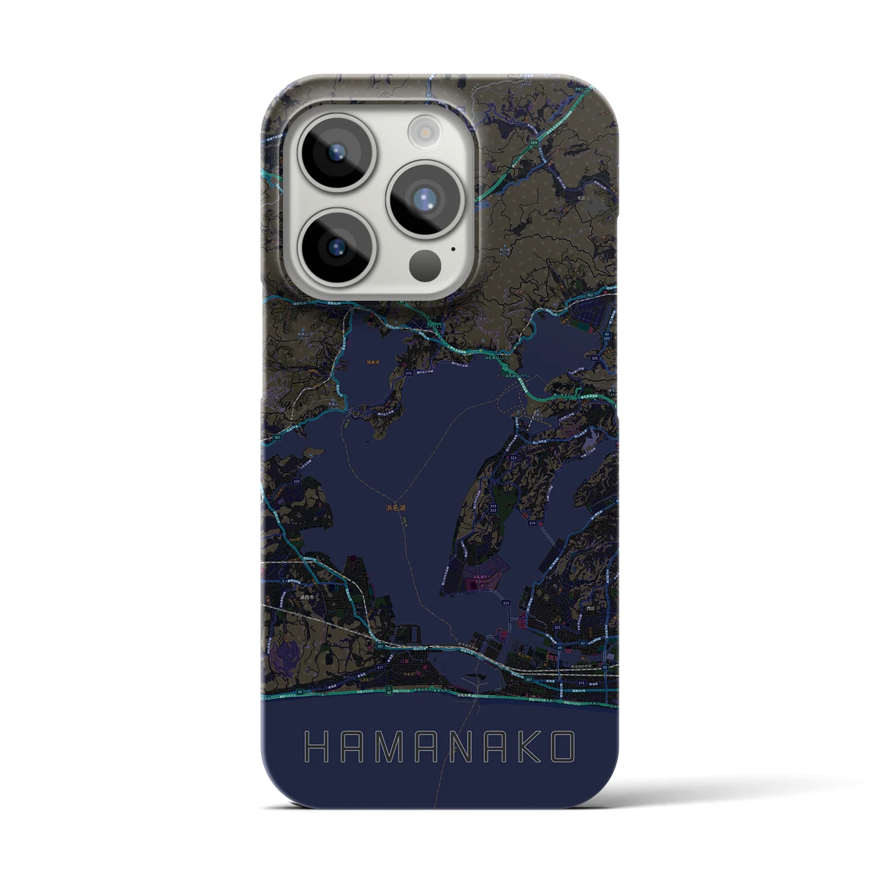 【浜名湖】地図柄iPhoneケース（バックカバータイプ・ブラック）iPhone 15 Pro 用