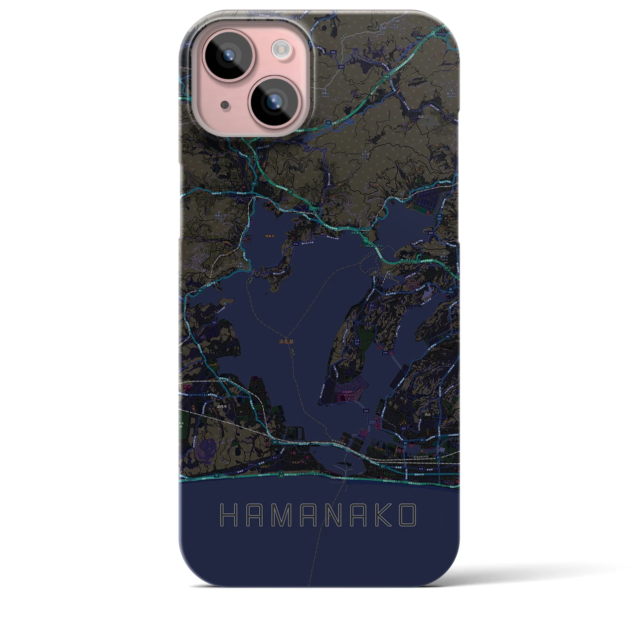 【浜名湖】地図柄iPhoneケース（バックカバータイプ・ブラック）iPhone 15 Plus 用