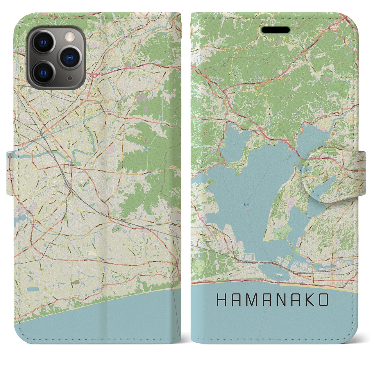 【浜名湖】地図柄iPhoneケース（手帳両面タイプ・ナチュラル）iPhone 11 Pro Max 用