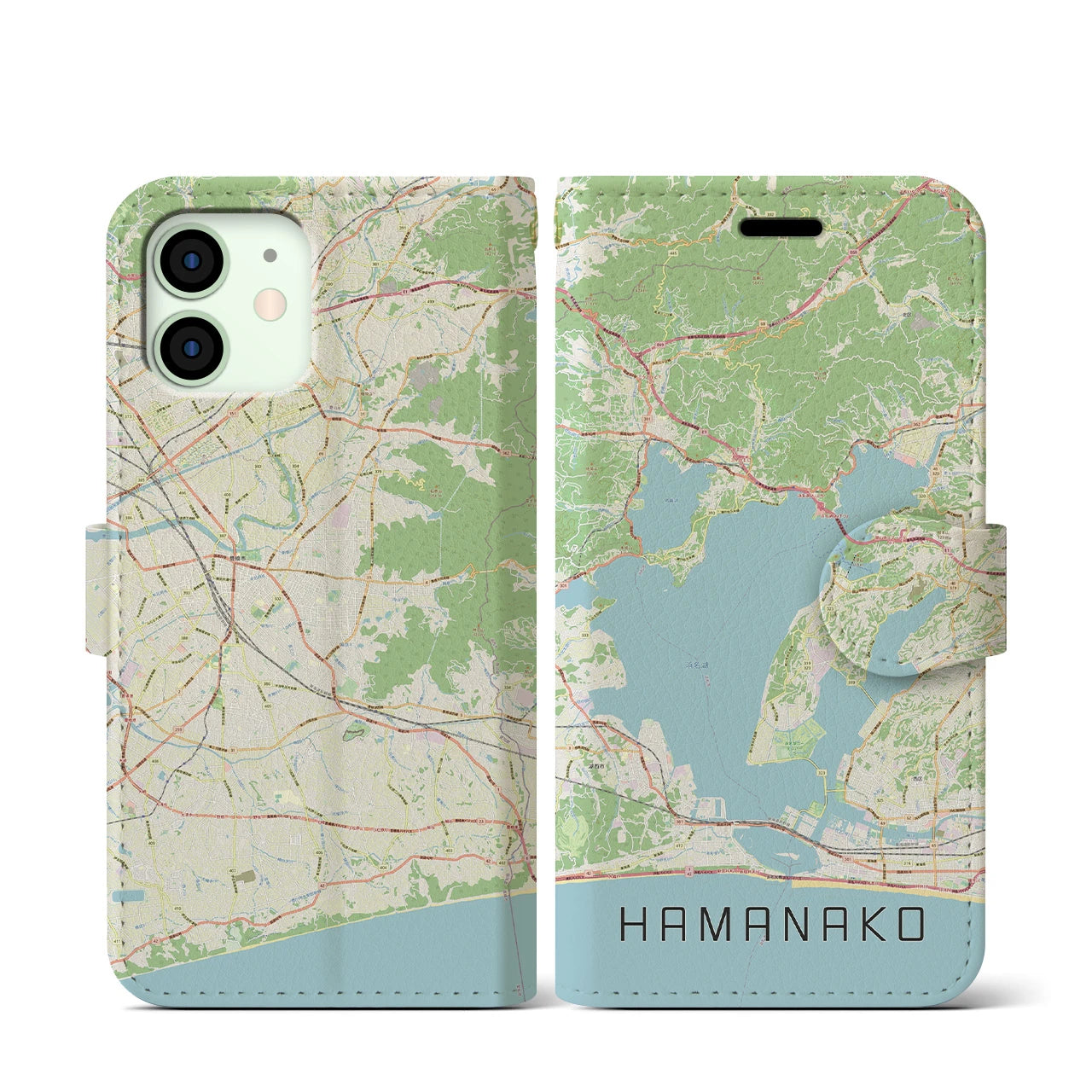 【浜名湖】地図柄iPhoneケース（手帳両面タイプ・ナチュラル）iPhone 12 mini 用