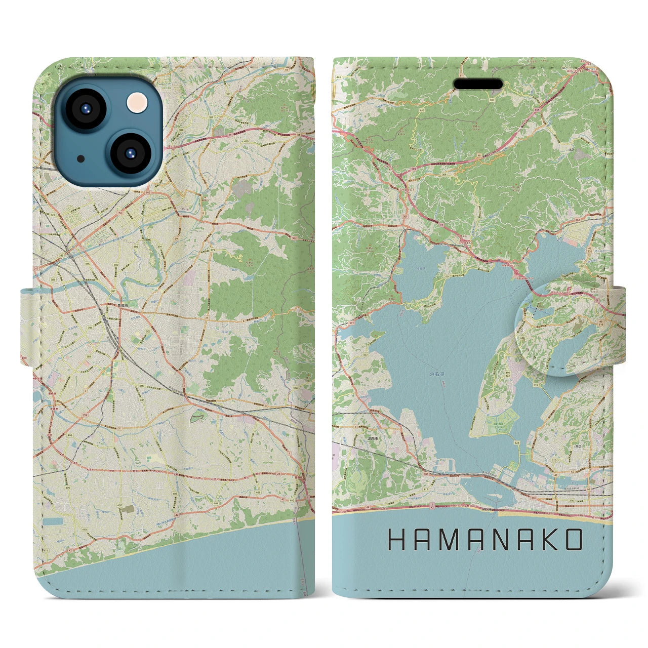 【浜名湖】地図柄iPhoneケース（手帳両面タイプ・ナチュラル）iPhone 13 用