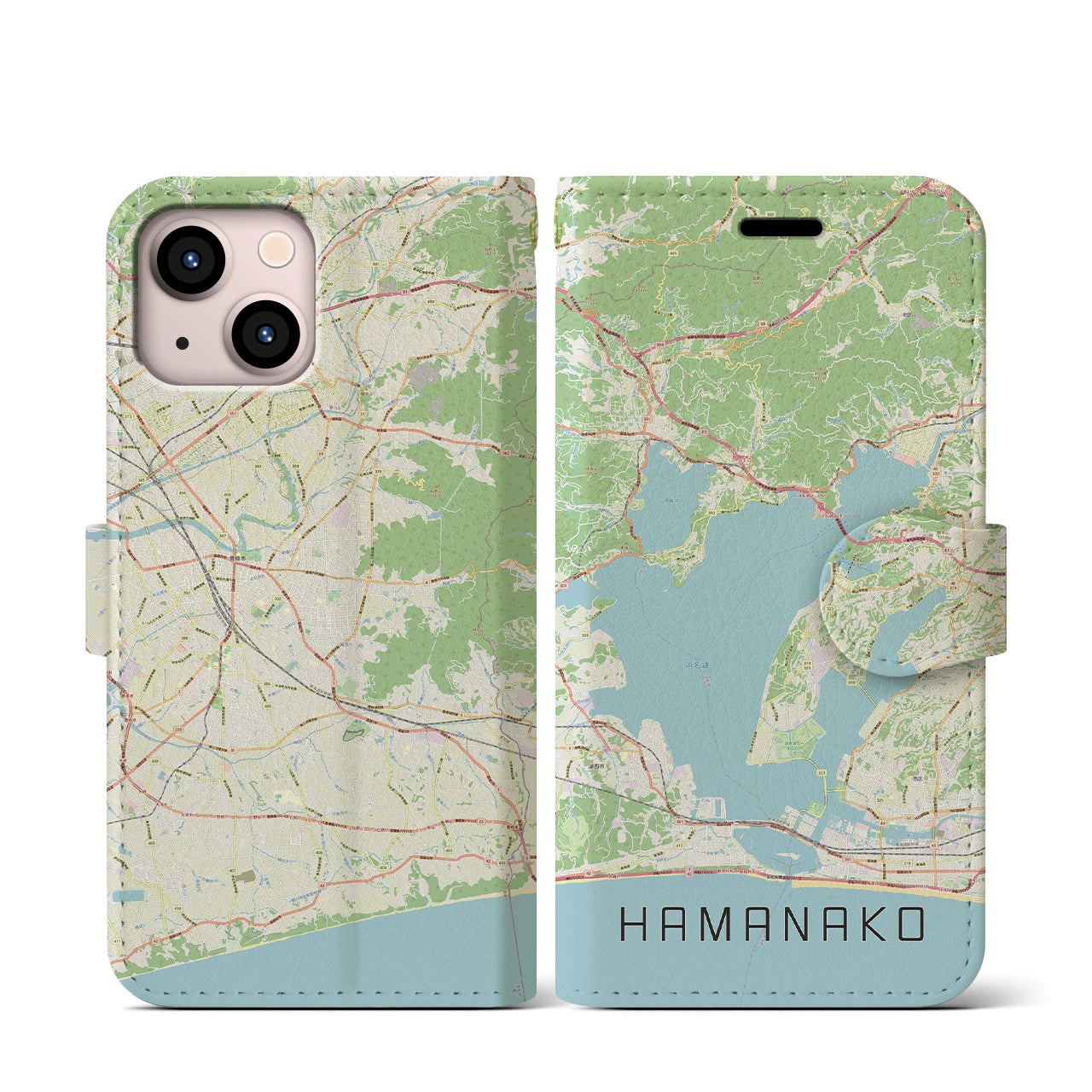 【浜名湖】地図柄iPhoneケース（手帳両面タイプ・ナチュラル）iPhone 13 mini 用