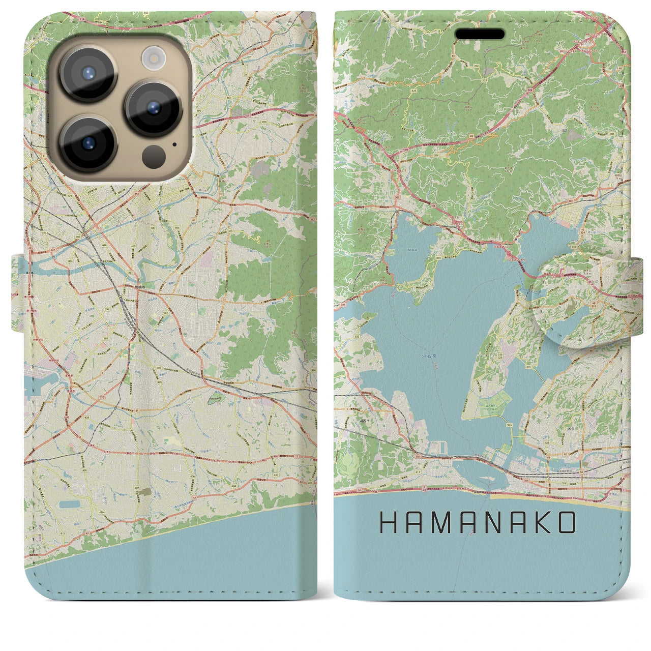 【浜名湖】地図柄iPhoneケース（手帳両面タイプ・ナチュラル）iPhone 14 Pro Max 用