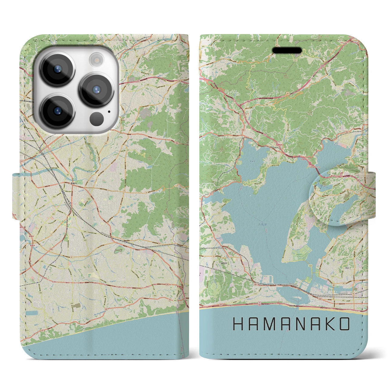 【浜名湖】地図柄iPhoneケース（手帳両面タイプ・ナチュラル）iPhone 14 Pro 用