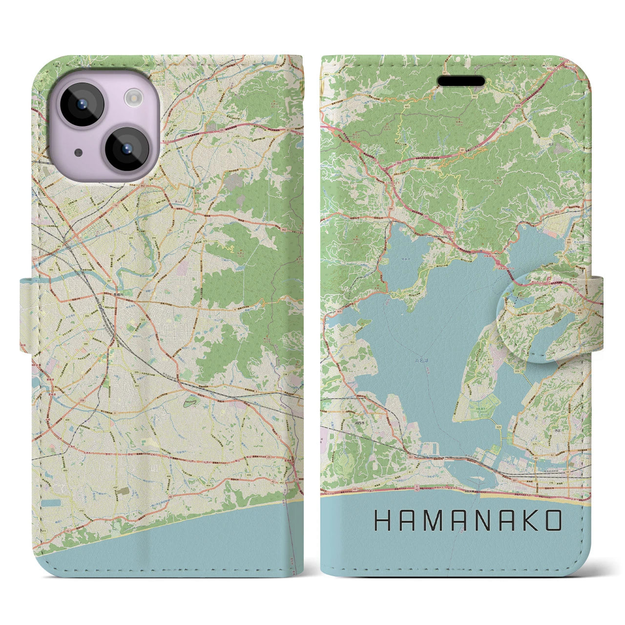 【浜名湖】地図柄iPhoneケース（手帳両面タイプ・ナチュラル）iPhone 14 用
