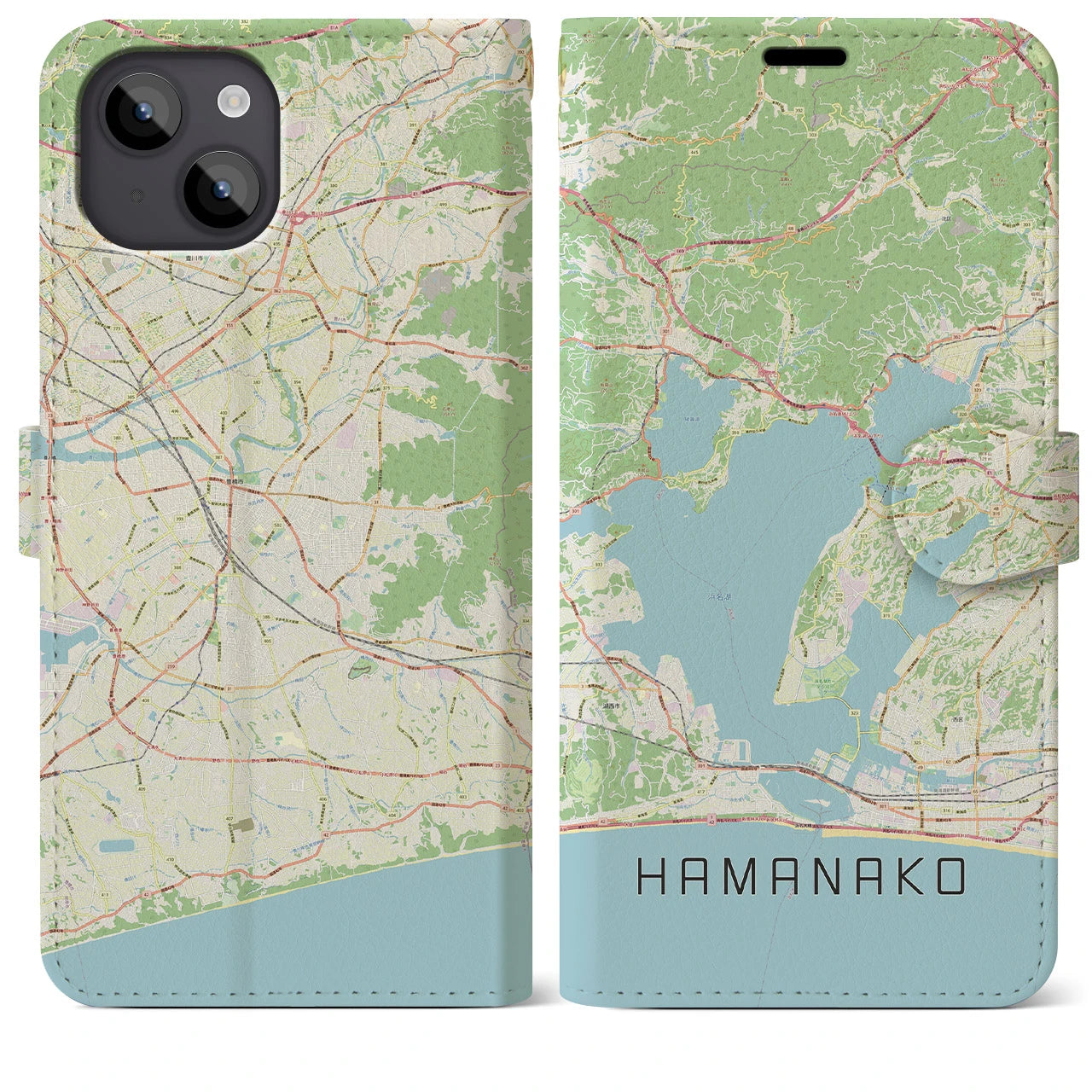 【浜名湖】地図柄iPhoneケース（手帳両面タイプ・ナチュラル）iPhone 14 Plus 用
