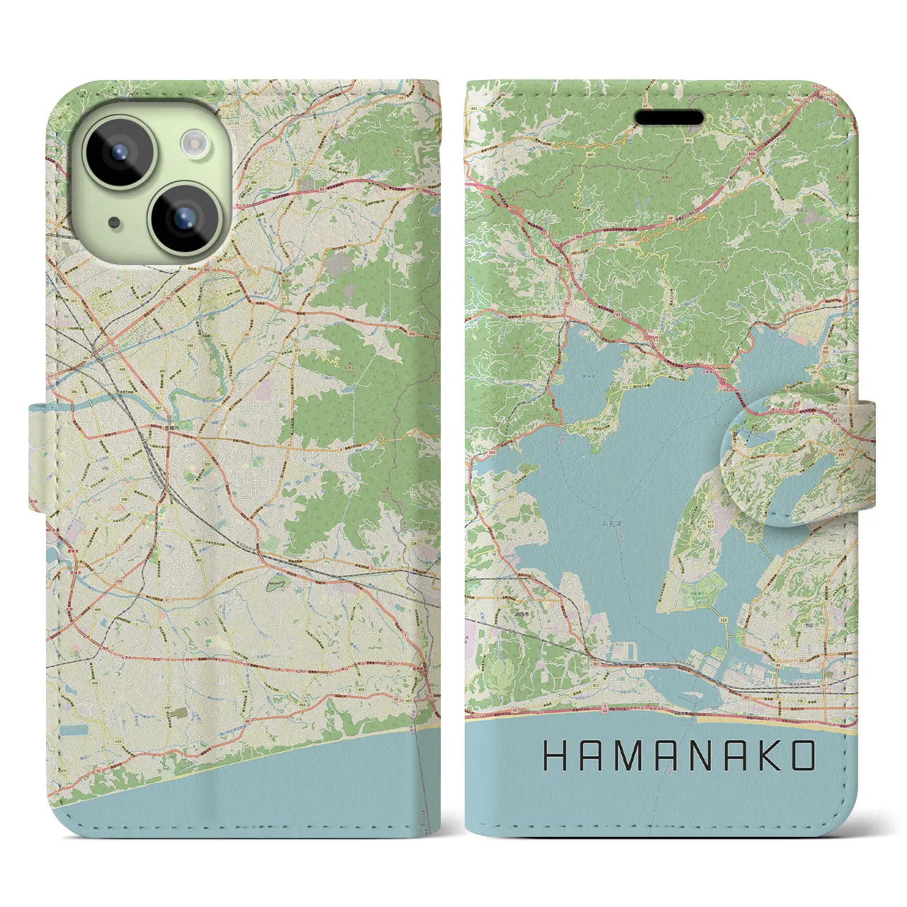 【浜名湖】地図柄iPhoneケース（手帳両面タイプ・ナチュラル）iPhone 15 用
