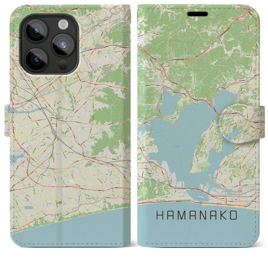 【浜名湖】地図柄iPhoneケース（手帳両面タイプ・ナチュラル）iPhone 15 Pro Max 用