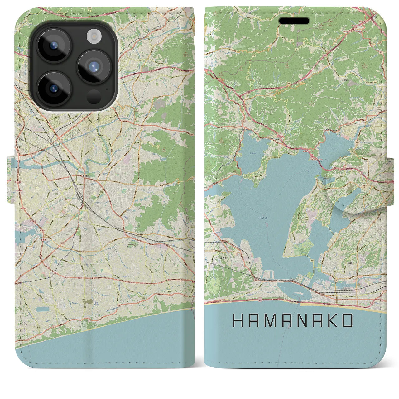 【浜名湖】地図柄iPhoneケース（手帳両面タイプ・ナチュラル）iPhone 15 Pro Max 用