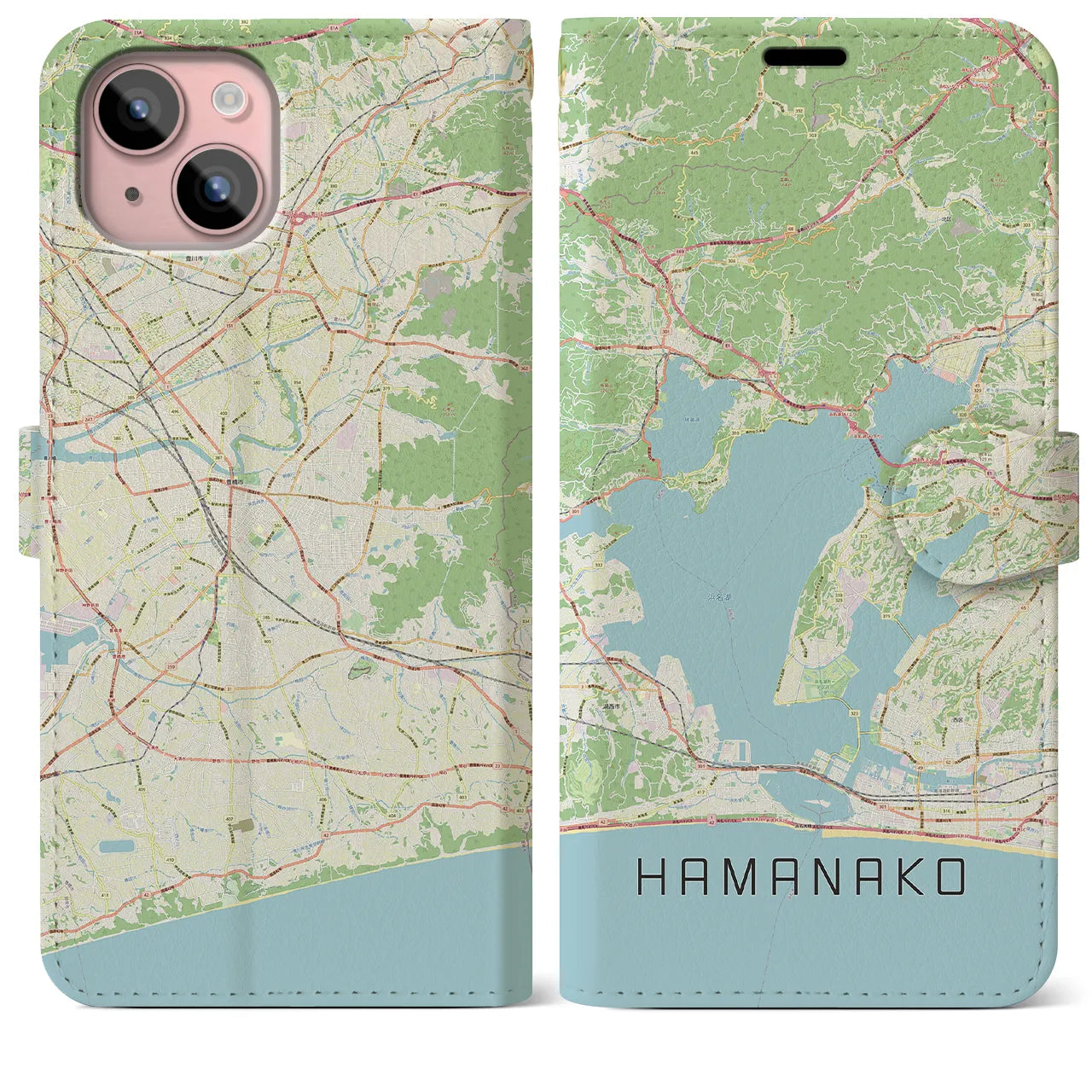 【浜名湖】地図柄iPhoneケース（手帳両面タイプ・ナチュラル）iPhone 15 Plus 用