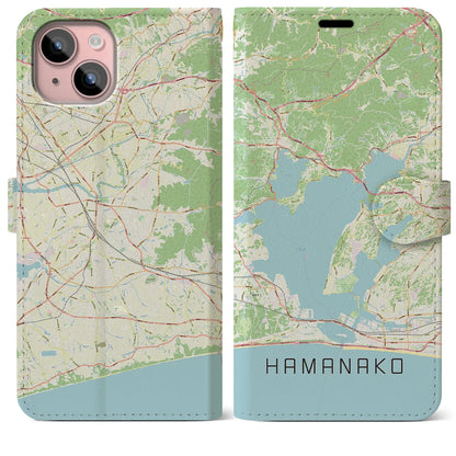【浜名湖（静岡県）】地図柄iPhoneケース（手帳タイプ）ナチュラル・iPhone 15 Plus 用