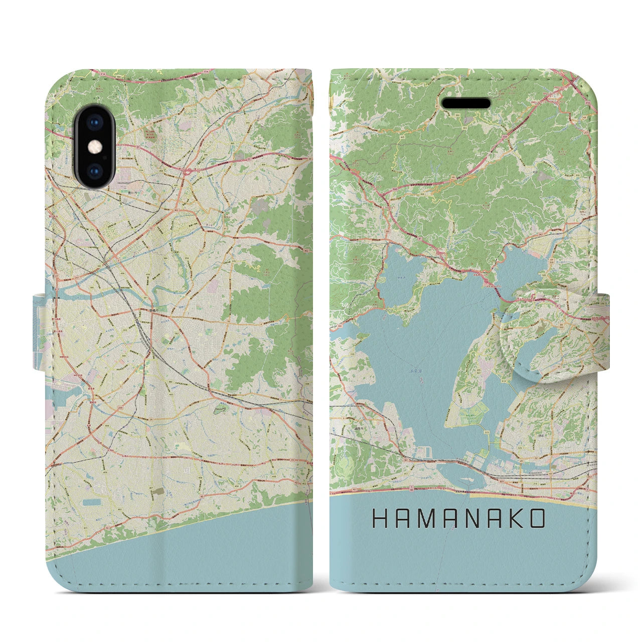 【浜名湖】地図柄iPhoneケース（手帳両面タイプ・ナチュラル）iPhone XS / X 用
