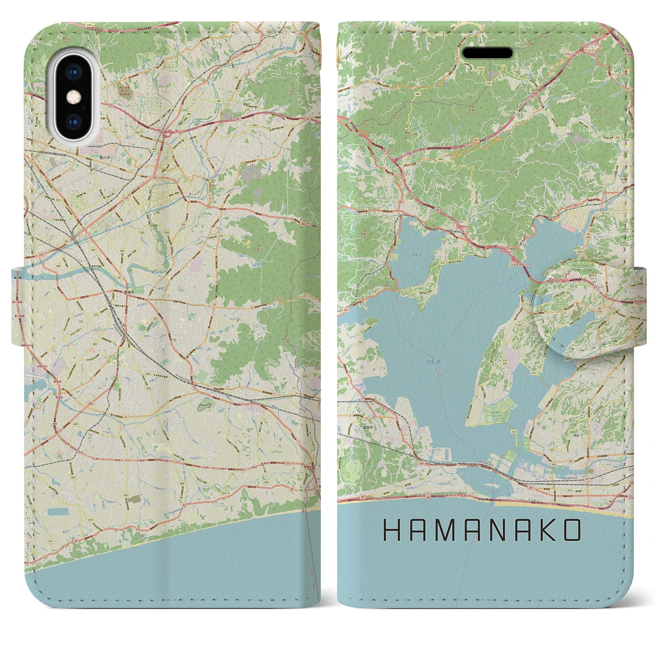 【浜名湖】地図柄iPhoneケース（手帳両面タイプ・ナチュラル）iPhone XS Max 用