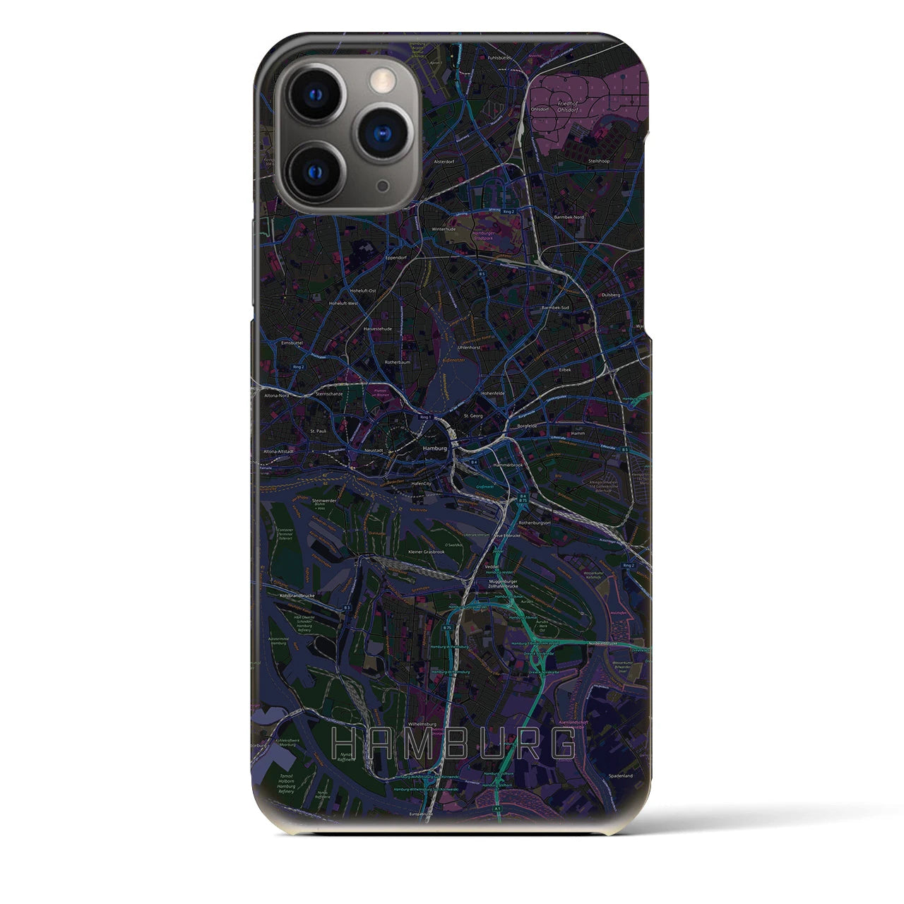 【ハンブルク】地図柄iPhoneケース（バックカバータイプ・ブラック）iPhone 11 Pro Max 用