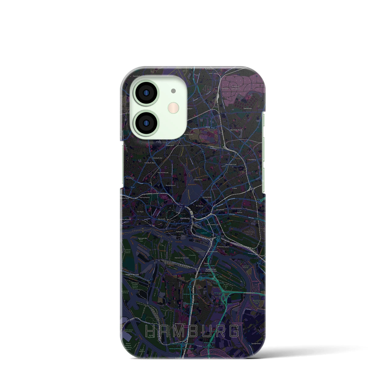 【ハンブルク】地図柄iPhoneケース（バックカバータイプ・ブラック）iPhone 12 mini 用