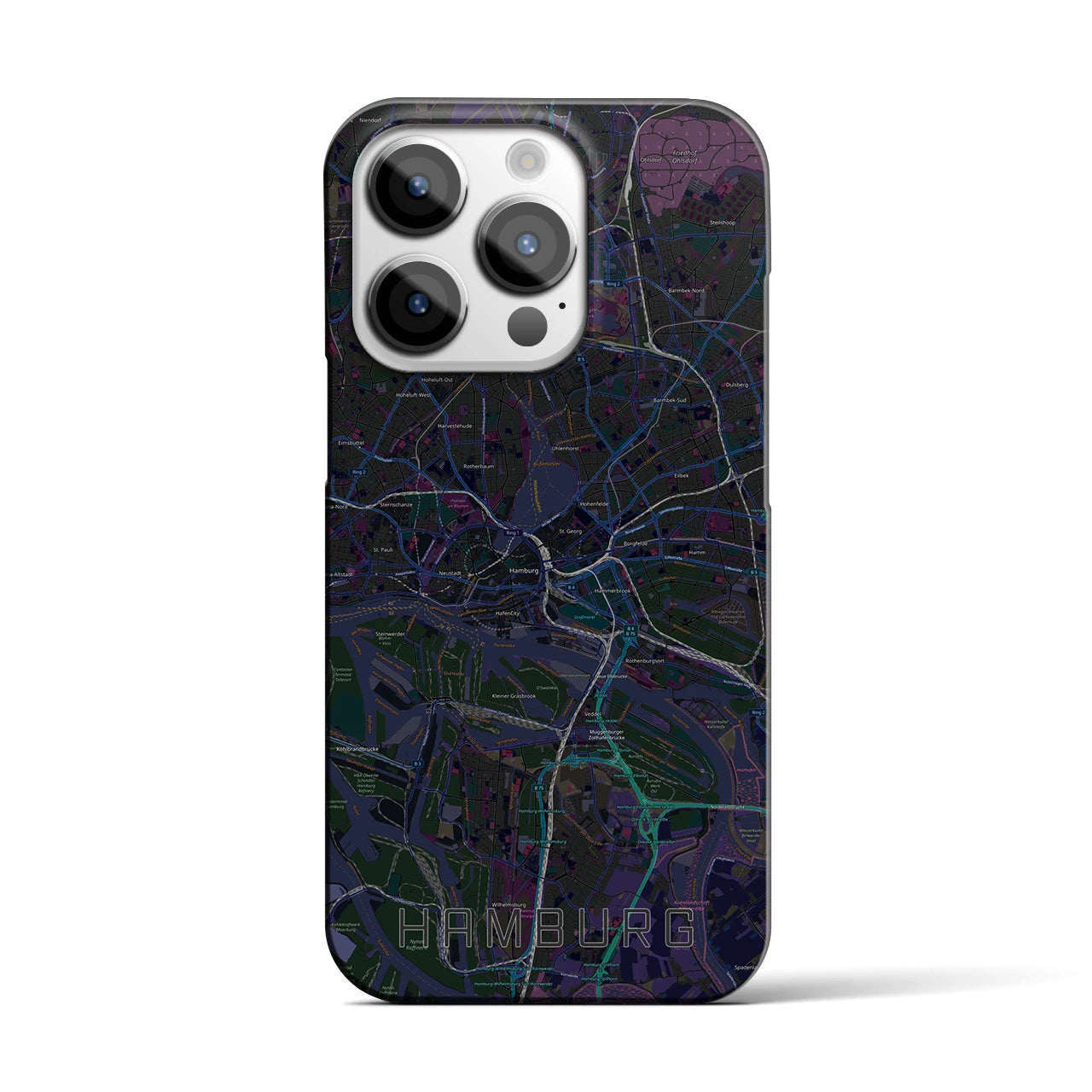 【ハンブルク】地図柄iPhoneケース（バックカバータイプ・ブラック）iPhone 14 Pro 用