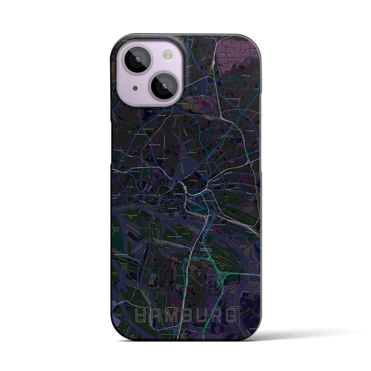 【ハンブルク】地図柄iPhoneケース（バックカバータイプ・ブラック）iPhone 14 用