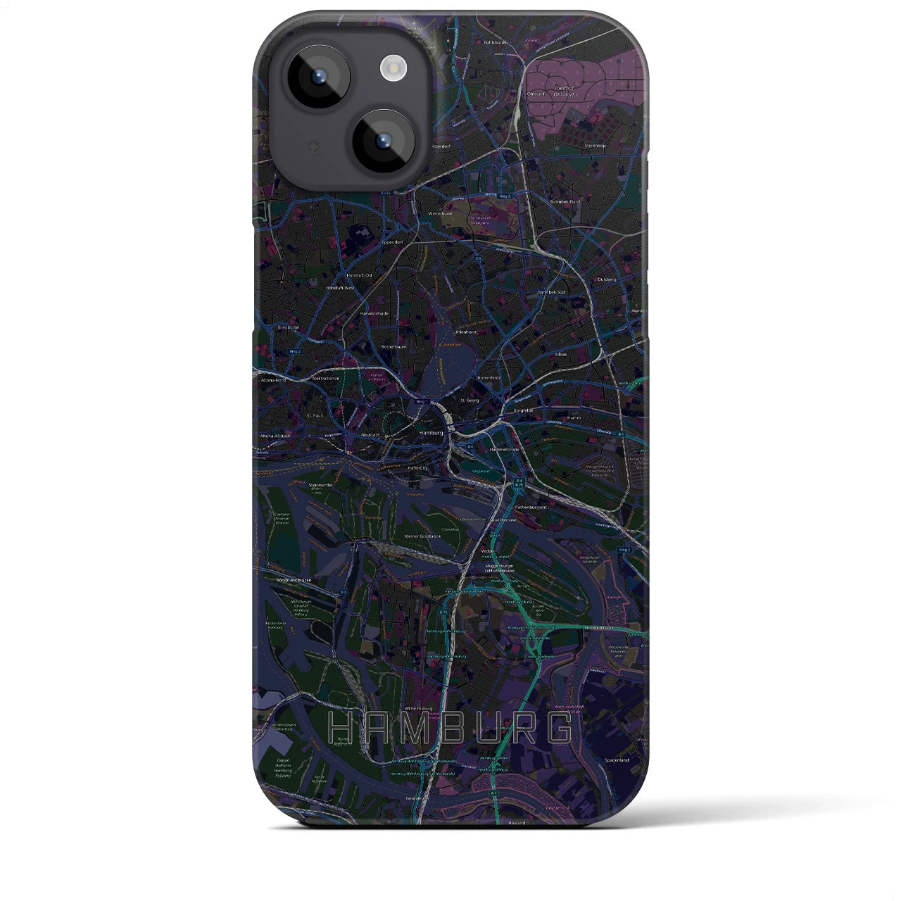 【ハンブルク】地図柄iPhoneケース（バックカバータイプ・ブラック）iPhone 14 Plus 用