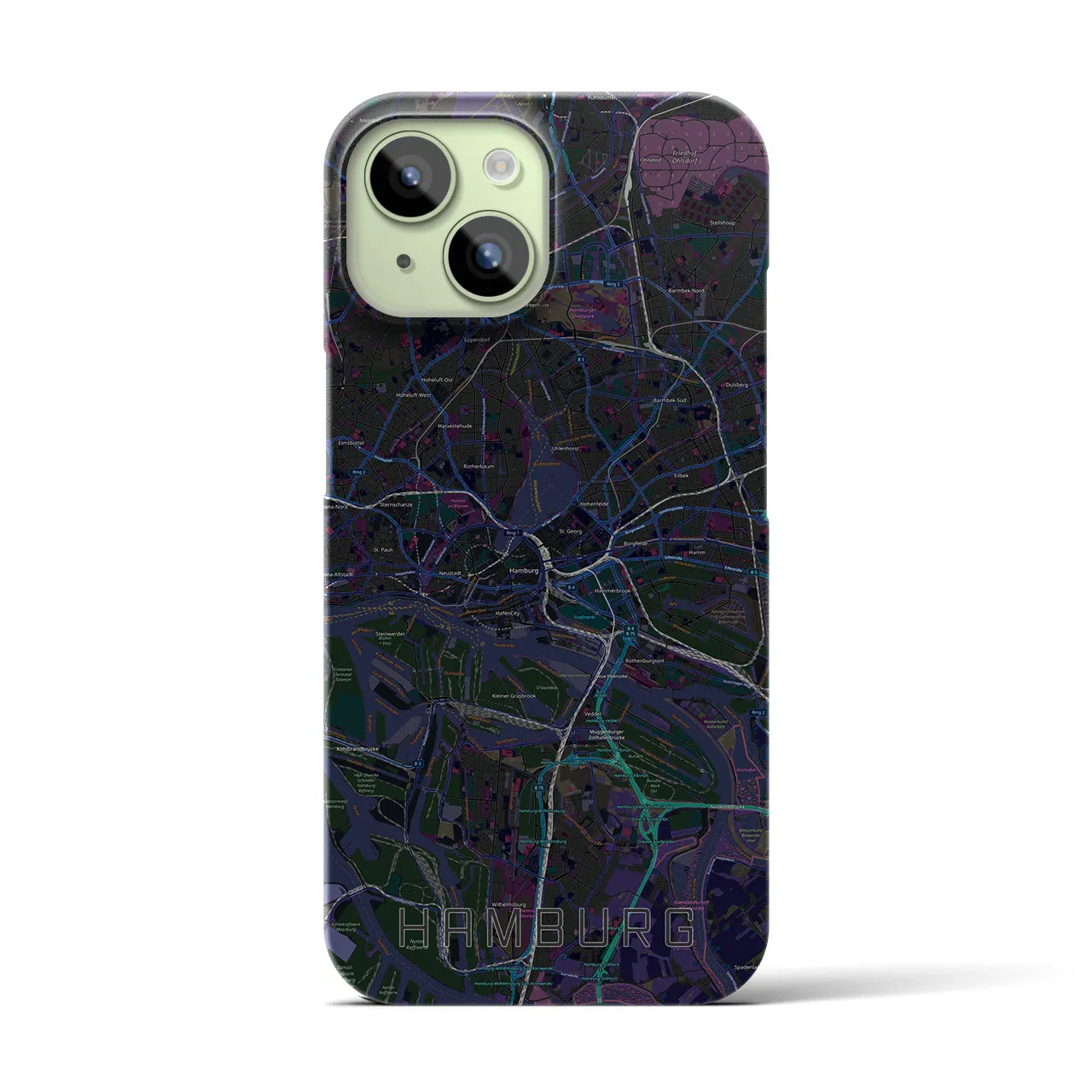 【ハンブルク】地図柄iPhoneケース（バックカバータイプ・ブラック）iPhone 15 用