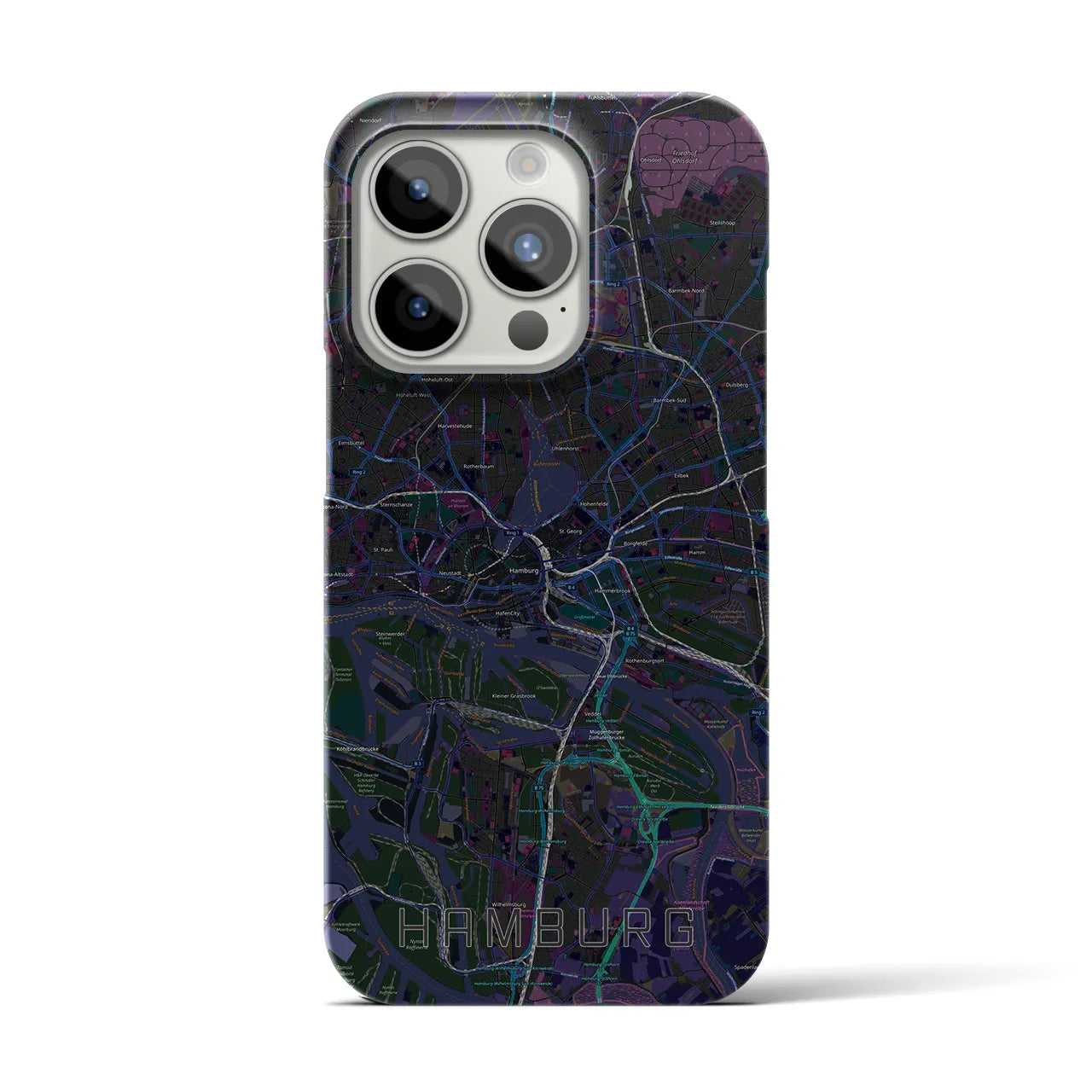 【ハンブルク】地図柄iPhoneケース（バックカバータイプ・ブラック）iPhone 15 Pro 用