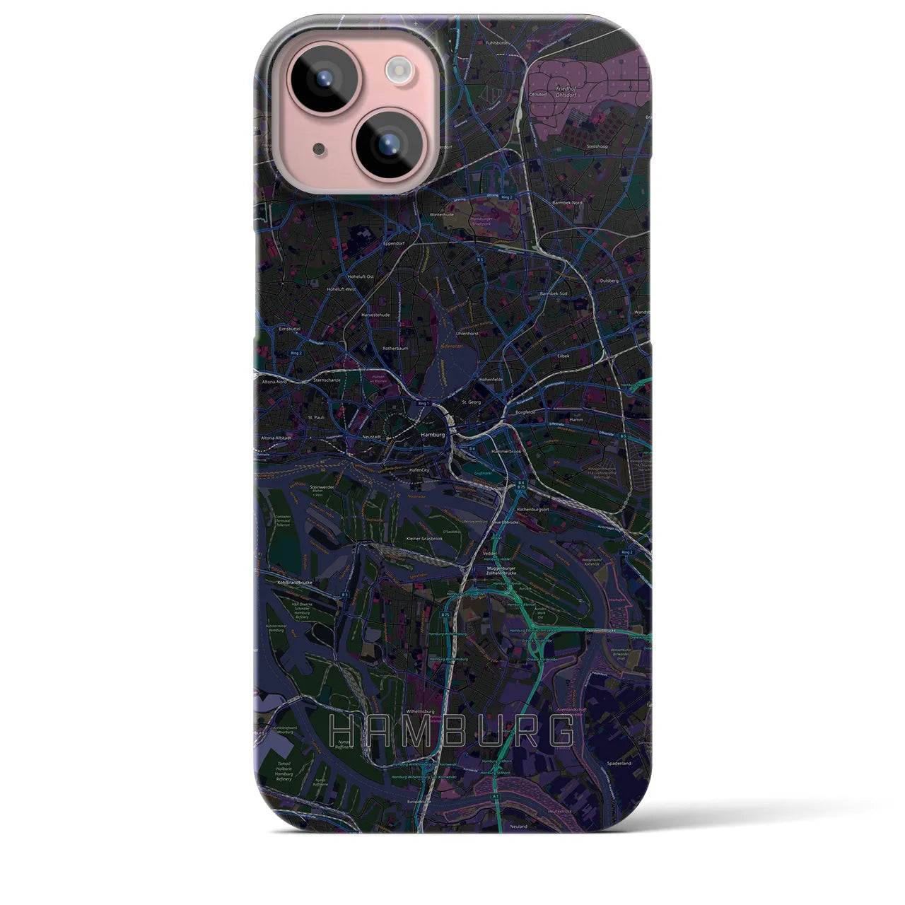 【ハンブルク】地図柄iPhoneケース（バックカバータイプ・ブラック）iPhone 15 Plus 用
