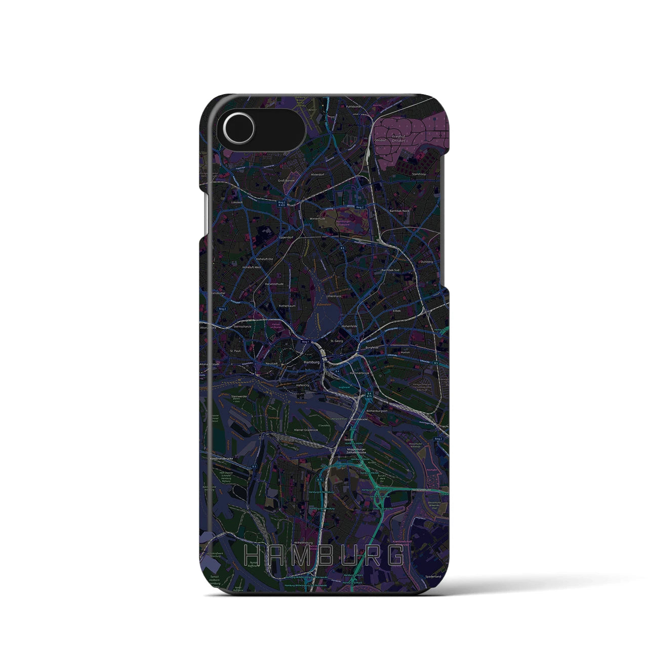 【ハンブルク】地図柄iPhoneケース（バックカバータイプ・ブラック）iPhone SE（第3 / 第2世代） / 8 / 7 / 6s / 6 用