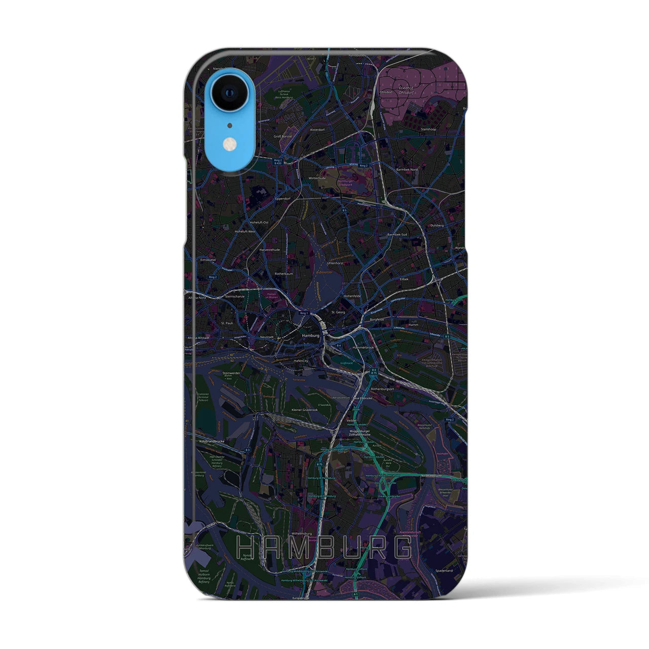 【ハンブルク】地図柄iPhoneケース（バックカバータイプ・ブラック）iPhone XR 用