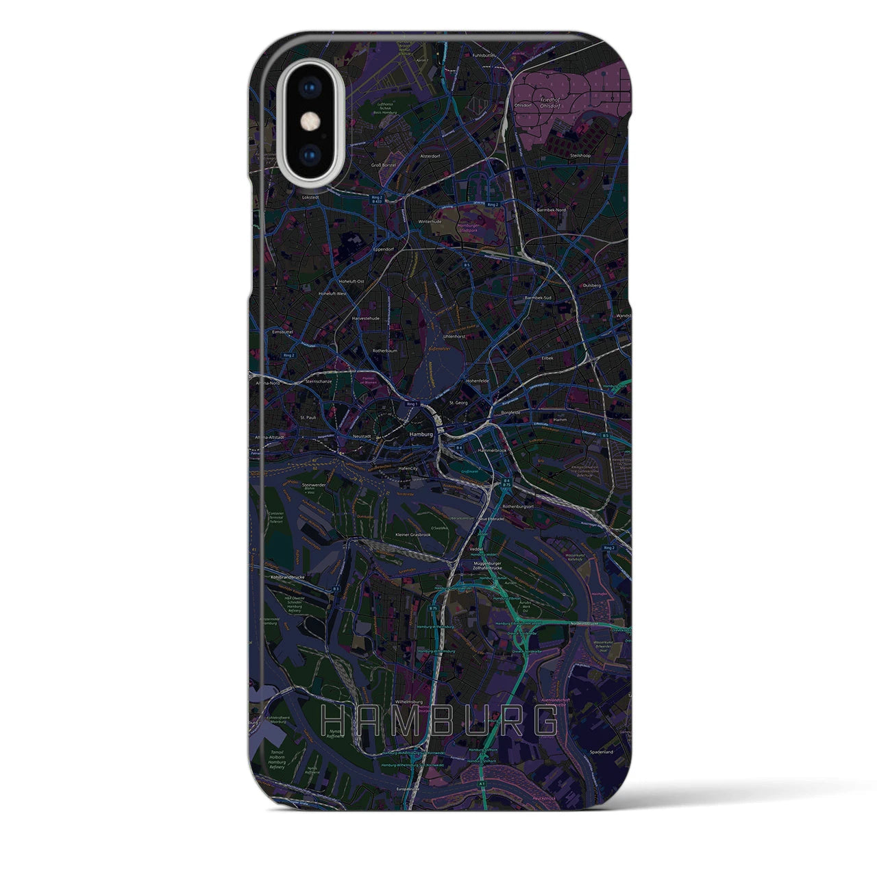 【ハンブルク】地図柄iPhoneケース（バックカバータイプ・ブラック）iPhone XS Max 用