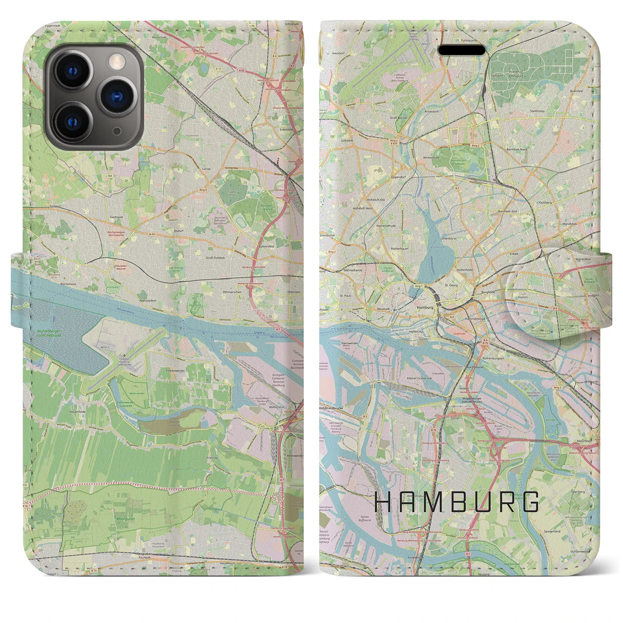 【ハンブルク】地図柄iPhoneケース（手帳両面タイプ・ナチュラル）iPhone 11 Pro Max 用
