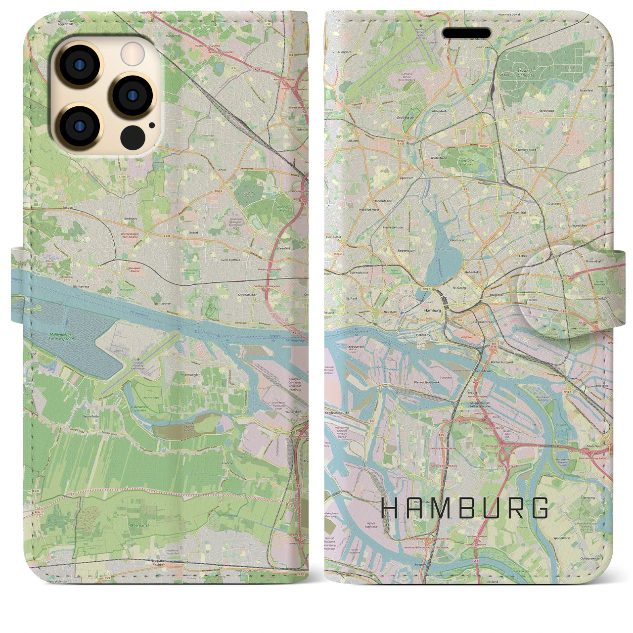 【ハンブルク】地図柄iPhoneケース（手帳両面タイプ・ナチュラル）iPhone 12 Pro Max 用