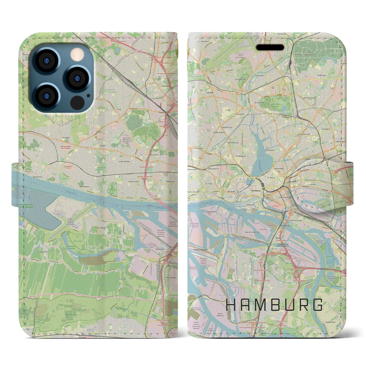 【ハンブルク】地図柄iPhoneケース（手帳両面タイプ・ナチュラル）iPhone 12 / 12 Pro 用