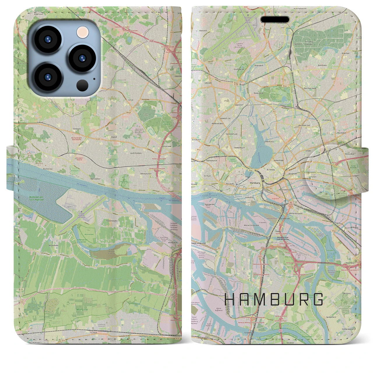 【ハンブルク】地図柄iPhoneケース（手帳両面タイプ・ナチュラル）iPhone 13 Pro Max 用