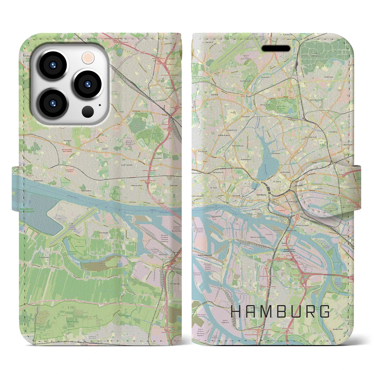 【ハンブルク】地図柄iPhoneケース（手帳両面タイプ・ナチュラル）iPhone 13 Pro 用