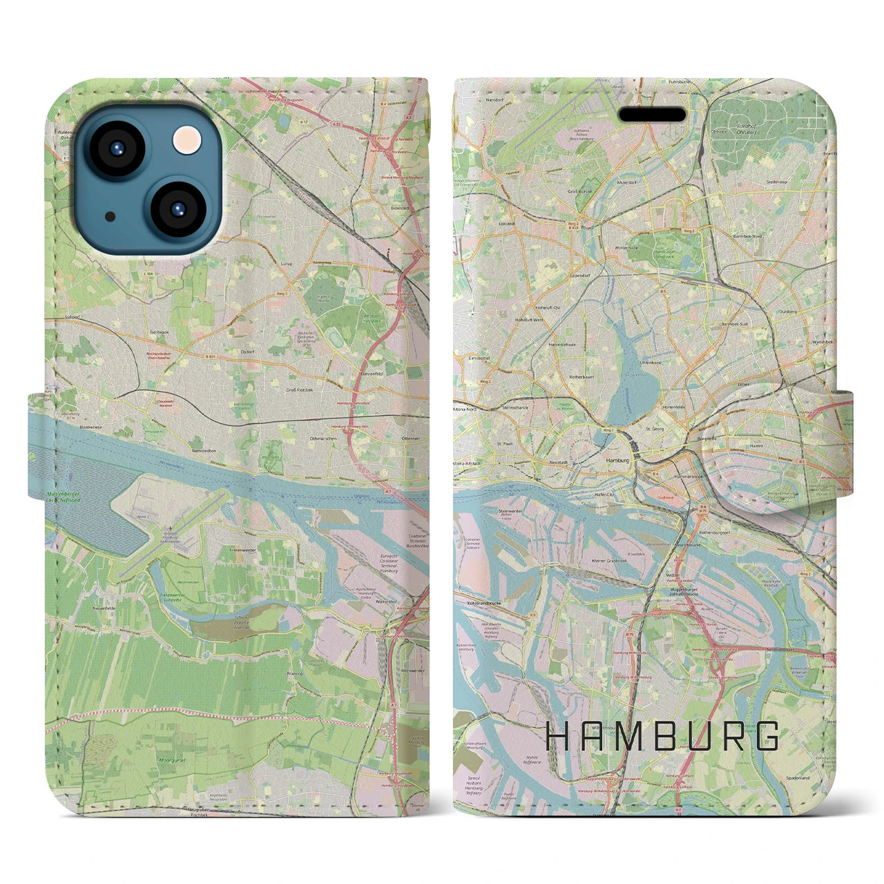 【ハンブルク】地図柄iPhoneケース（手帳両面タイプ・ナチュラル）iPhone 13 用