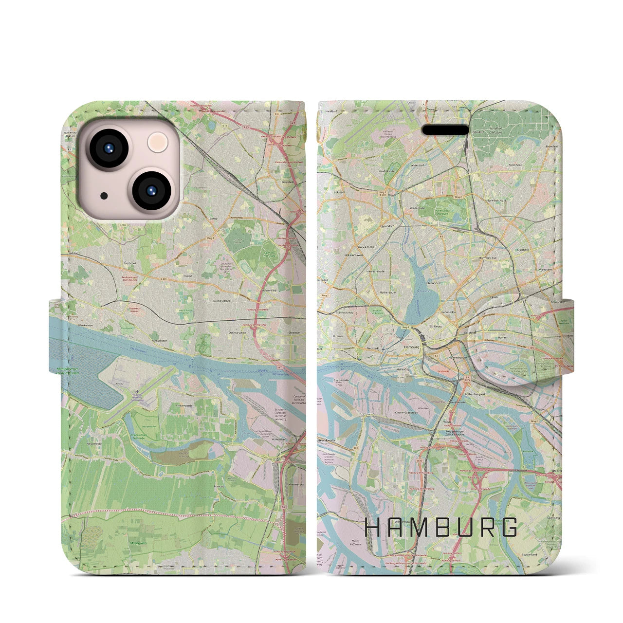 【ハンブルク】地図柄iPhoneケース（手帳両面タイプ・ナチュラル）iPhone 13 mini 用