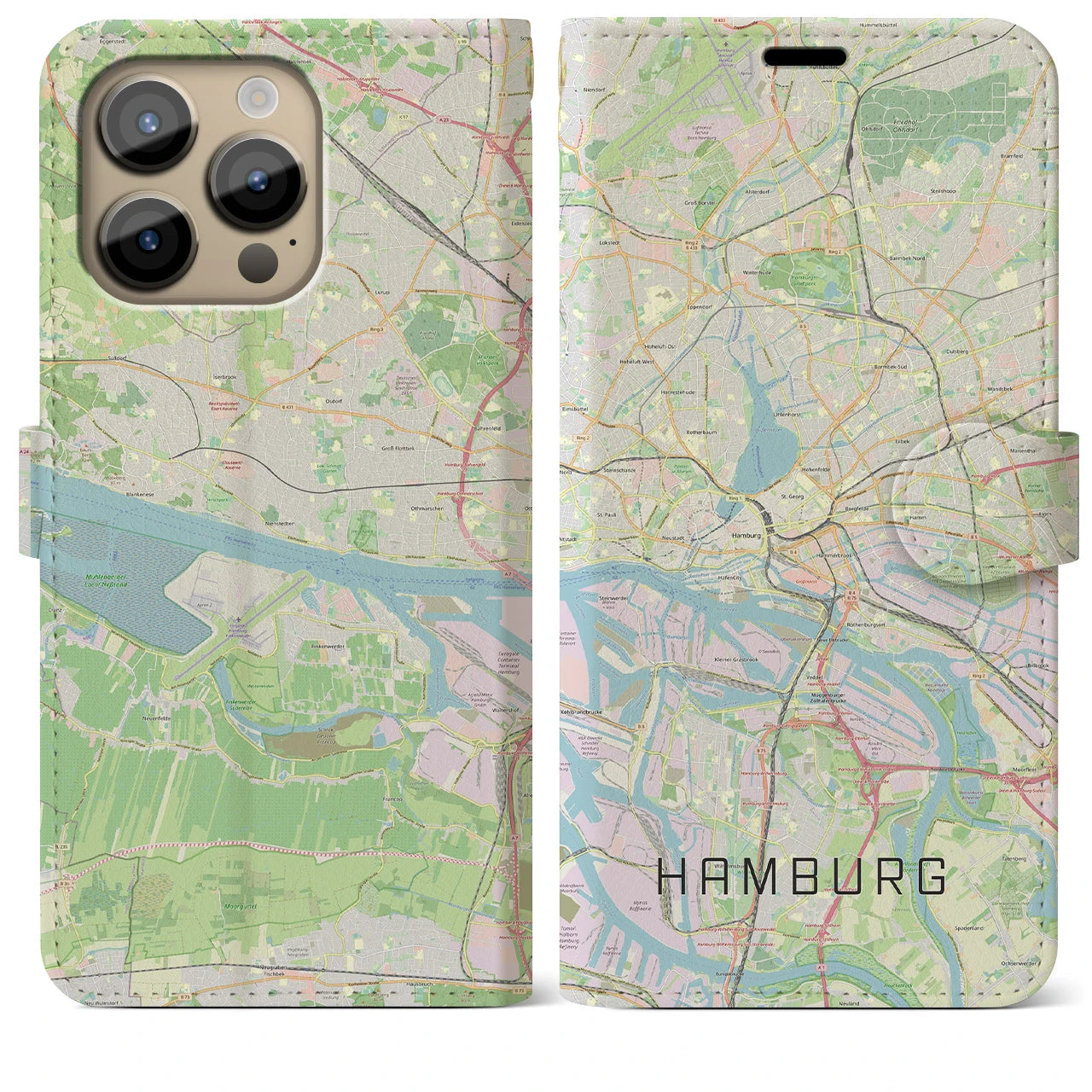 【ハンブルク】地図柄iPhoneケース（手帳両面タイプ・ナチュラル）iPhone 14 Pro Max 用