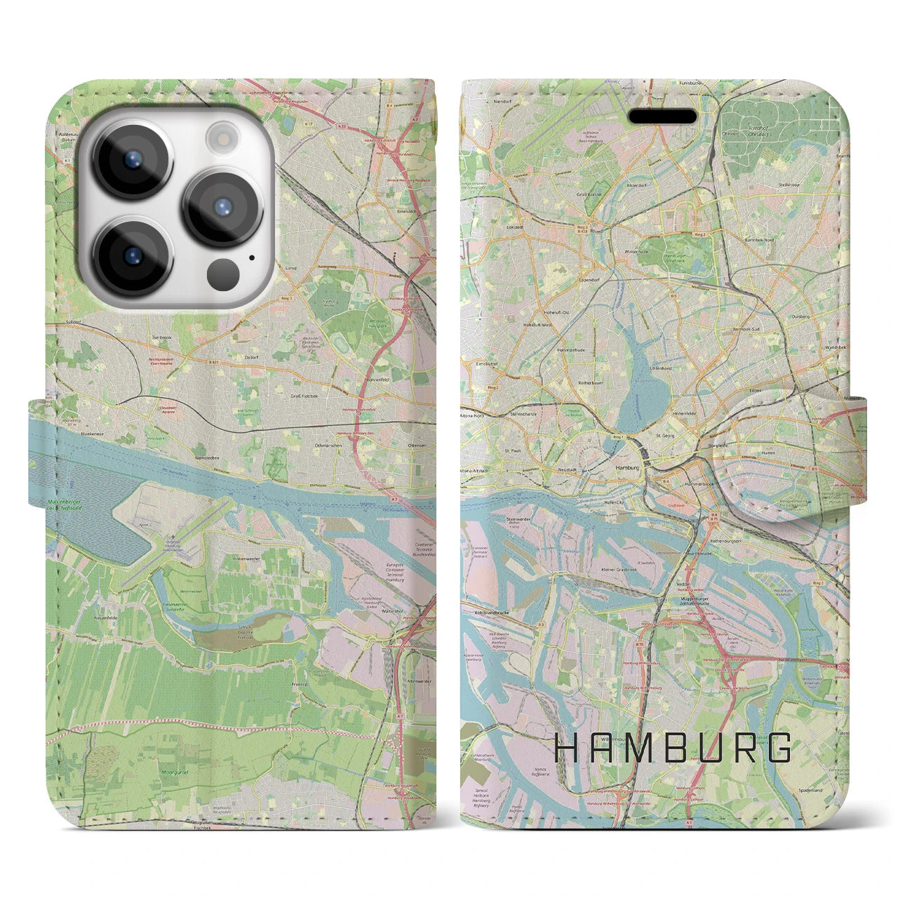 【ハンブルク】地図柄iPhoneケース（手帳両面タイプ・ナチュラル）iPhone 14 Pro 用