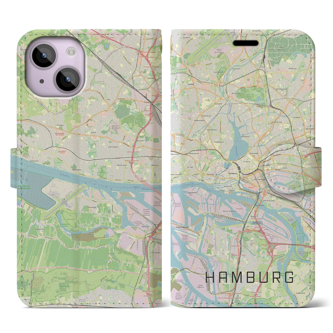 【ハンブルク】地図柄iPhoneケース（手帳両面タイプ・ナチュラル）iPhone 14 用