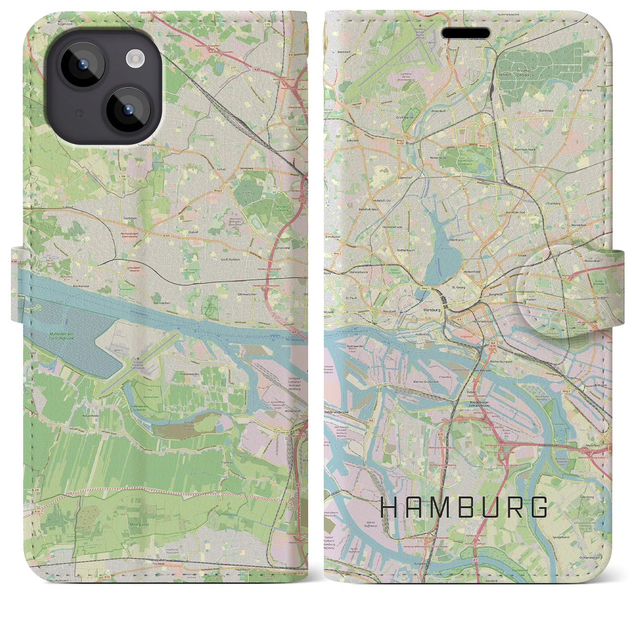 【ハンブルク】地図柄iPhoneケース（手帳両面タイプ・ナチュラル）iPhone 14 Plus 用